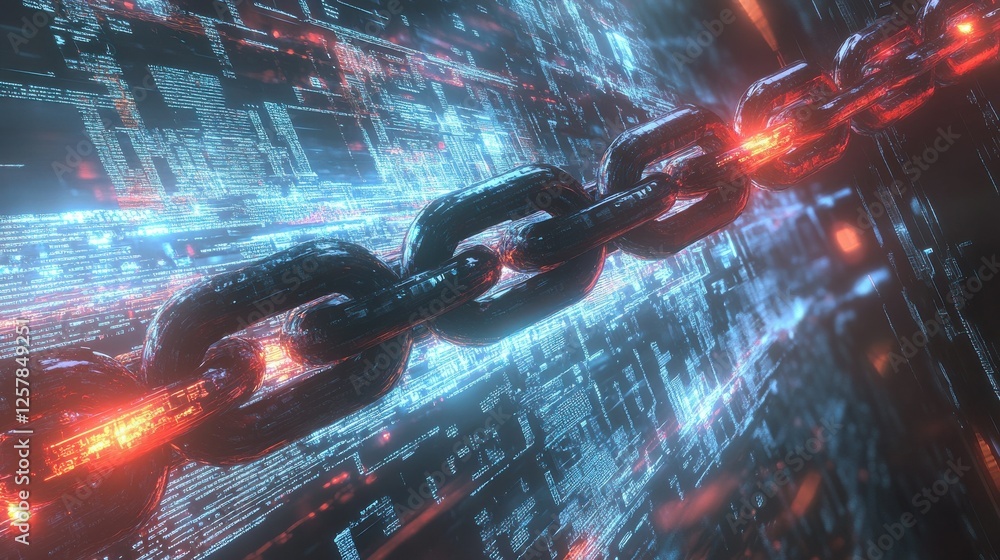 Poster a conceptual image of a blockchain security chain with encoded links over a backdrop of streaming di
