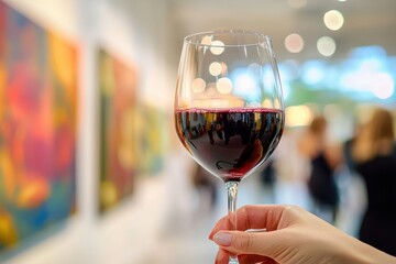 An elegant hand holding a glass of red wine in an art gallery, with blurred artwork and people creating a sophisticated and refined atmosphere.