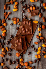 Different variety of chocolate and hazelnut on wooden background top view