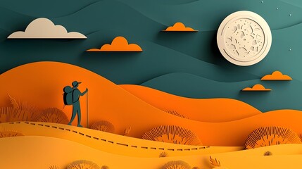Lone traveler navigates the vast windy desert landscape with sand dunes and a crescent moon in the sky depicted in a minimalist paper cut style art