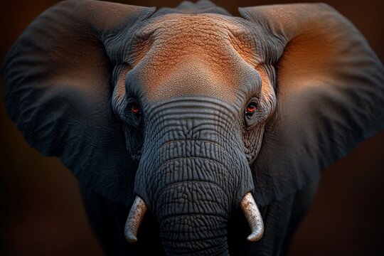 Majestic close-up of an elephant displaying intricate textures and piercing eyes during a serene moment in the wilderness