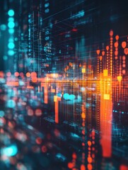 Obraz premium Creative glowing big data forex candlestick chart on blurry city background. Trade, technology, investment and analysis concept. Double exposure