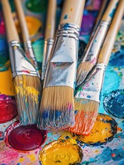 Fototapeta premium Close-up of artist's brushes and paint tubes on a colorful canvas background.
