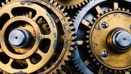 Interlocking Gears: A close-up shot of intricate, brass gears intermeshing seamlessly, symbolizing the complex and delicate balance of mechanics, industry.