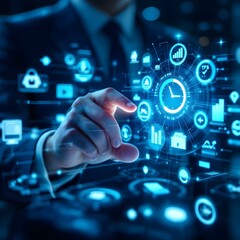 Business technology, digital interface, holographic icons, time management