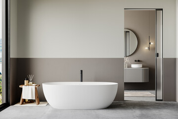 Luxury bathroom with a freestanding white bathtub, black faucet, wooden spa stool, and a connected vanity area with a round mirror. Modern minimalist design with natural light. 3D rendering