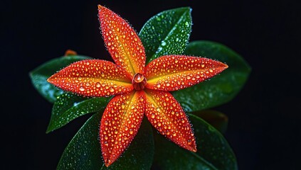 Vibrant Dew-Kissed Flower Blooms Beautifully in Dark Background, Nature's Masterpiece with Stunning Details