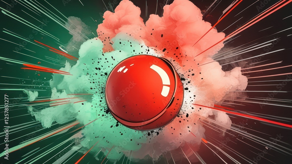 Poster dynamic explosion effect with a vibrant red ball against a colorful abstract background, perfect for