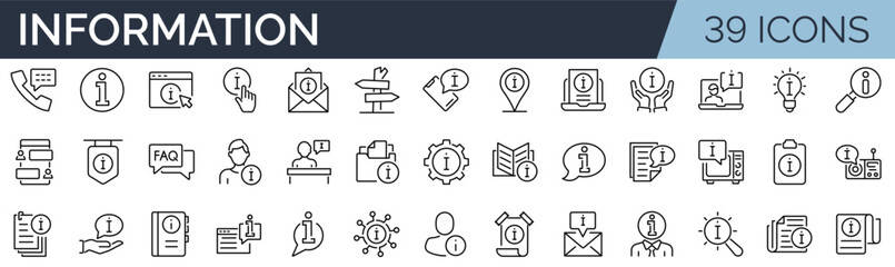 Set of 39 outline icons related to information.  Linear icon collection. Editable stroke. Vector illustration	