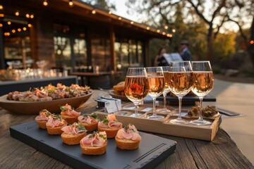Obraz premium Elegant outdoor gathering with gourmet hors d'oeuvres and wine during golden hour