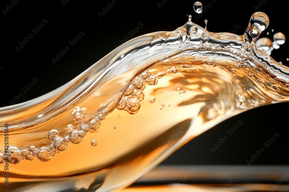 Poster water flow creates beautiful patterns with bubbles and reflections in a dark setting