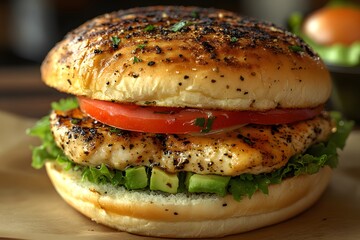 Gourmet Grilled Chicken Sandwich with Fresh Lettuce and Tomato Perfect for Restaurant Menus and Food Marketing