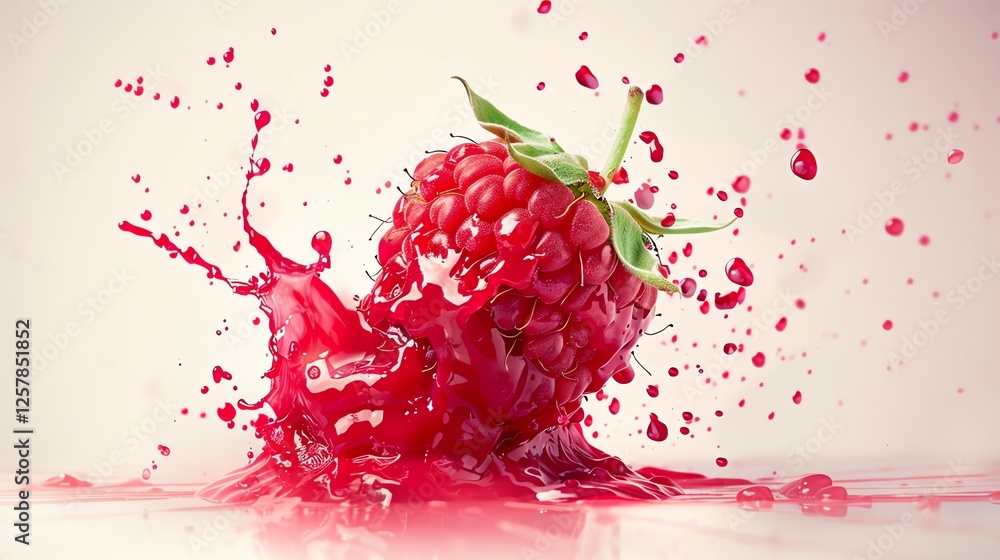 Poster a raspberry splashes red juice on a white background.