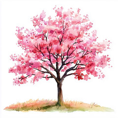 Obraz premium Watercolor spring tree with pink flowers, isolated on white background.