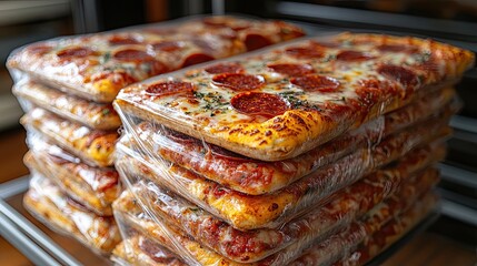 Clear plastic-wrapped frozen hamburgers stacked in a home freezer, offering a quick and convenient meal option for busy families.