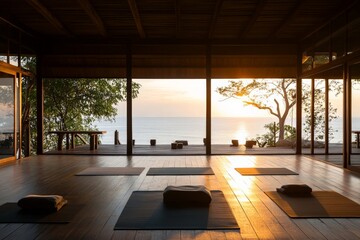 Fototapeta premium Serenity in a coastal yoga studio at sunrise with ocean views and tranquil atmosphere