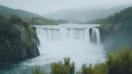 Fototapeta premium Breathtaking waterfall cascading through a lush green canyon, surrounded by mist and fog, creating a serene and mystical nature landscape.