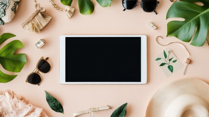 Mock up blank empty digital tablet screen on beige fashion women stylish accessories with tag outfit glamour set flat lay background, online pad computer shopping technology concept, above top view