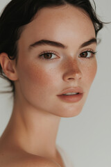 A close-up photograph of a beautiful woman with no makeup, brown eyes, and freckles against a light background. Her slightly glowing skin highlights natural beauty and texture, capturing a fresh and r