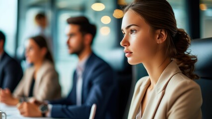 Focused young woman in a business meeting demonstrates professionalism and collaboration among colleagues in a corporate setting