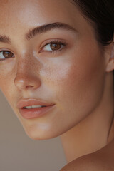 A close-up photograph of a beautiful woman with no makeup, brown eyes, and freckles against a light background. Her slightly glowing skin highlights natural beauty and texture, capturing a fresh and r