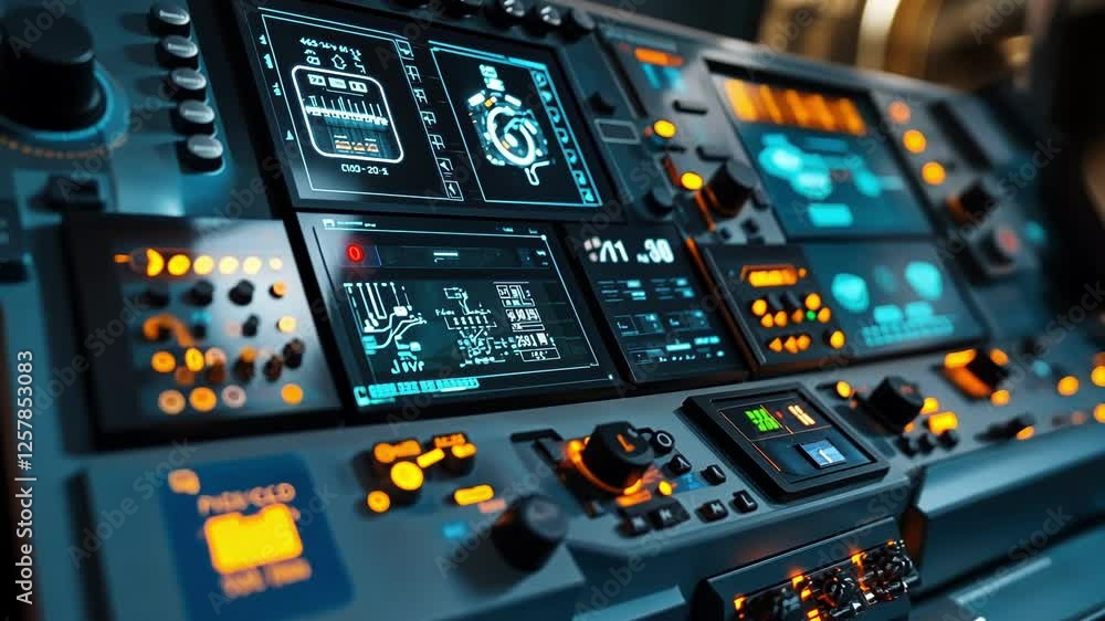 Poster complex illuminated control panel displaying various charts, graphs, and critical flight data within