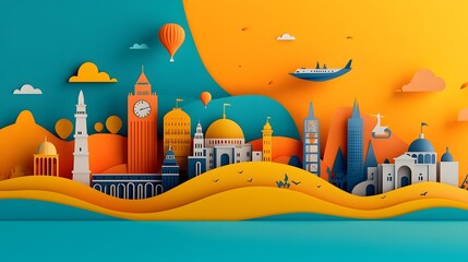Vibrant and layered papercut featuring iconic landmarks and famous attractions from around the world in a colorful and whimsical design  Includes skyscrapers domes towers