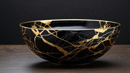 Kintsugi bowl with brilliant gold accents presented against a dark background emphasizes the beauty of imperfection.