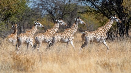 Obraz premium A gentle procession of majestic giraffes moves elegantly through a vast, golden savannah