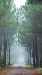 Fototapeta premium Misty Forest Path: A Tranquil Nature Escape