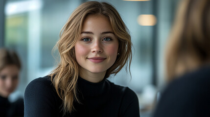 Woman explaining idea to coworkers, radiating enthusiasm and confidence in modern office setting, looking professional