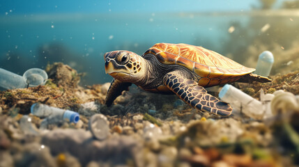Sea turtle on the bottom of the sea polluted with human garbage