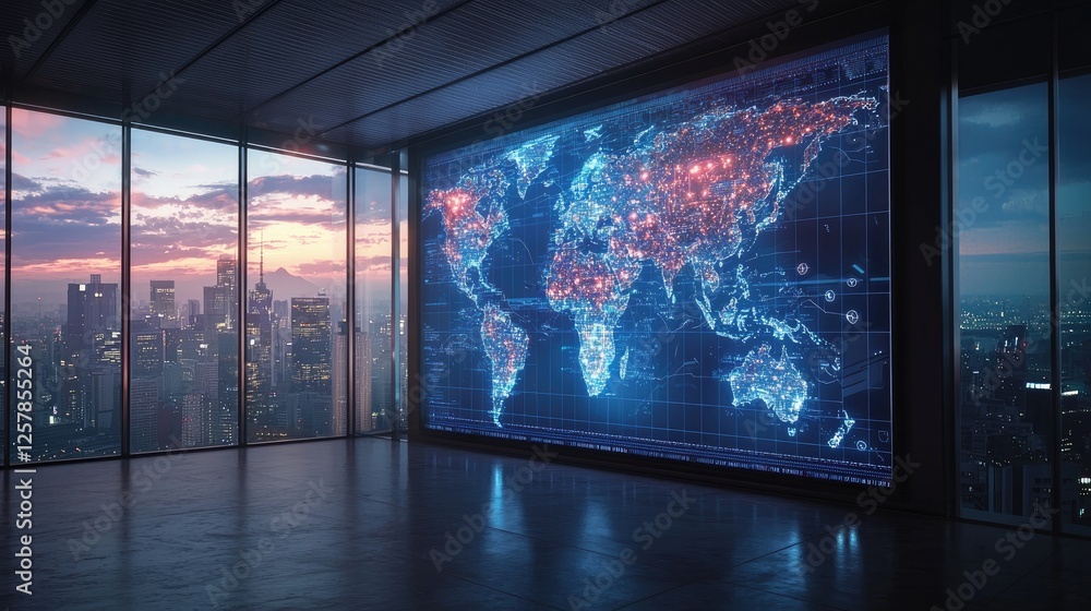Poster global network visualization, a futuristic office with a world map display
