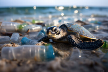 Sea turtle on the shore of a sea polluted by human garbage