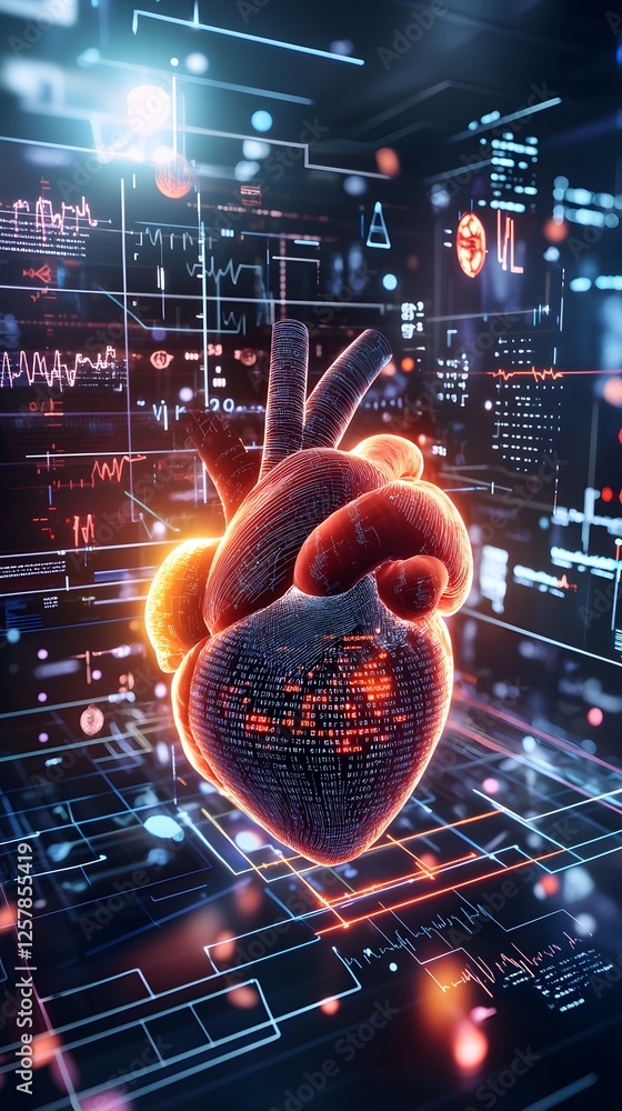 Poster stunning high tech hologram of a human heart beating in real time surrounded by a dynamic display of