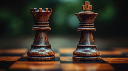 Fototapeta premium Dark wood chess king & rook outdoors, nature bokeh