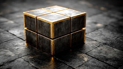 Fototapeta premium Dark stone puzzle cube on textured floor