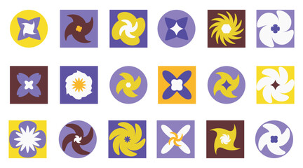 Flower background design. Abstract geometric. Yellow purple graphic banner. Organic food concept wallpaper. Neogeo art. Decorative mosaic with ornament.