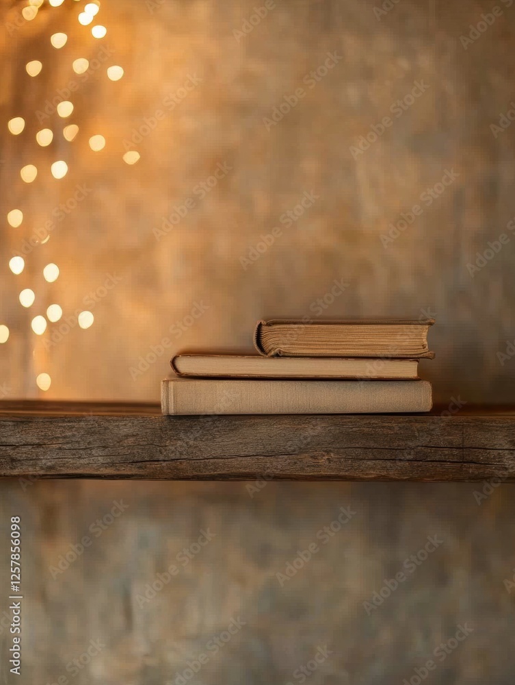 Poster rustic wooden shelf showcasing a stack of antique books with warm bokeh lights in the background for