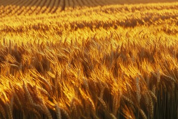 Wheat field basking in the sunlight during early morning, signifying a healthy and plentiful harvest.