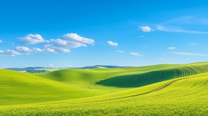 Obraz premium Serene Green Hills and Fields Under a Majestic Sky