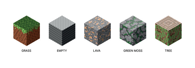 Isometric set of cubic blocks. Pixel style and bright textures are perfect for games, apps and creative projects