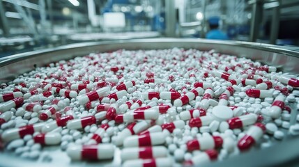 Obraz premium Close-up of pharmaceutical pills on a production line in a factory, symbolizing medicine manufacturing, healthcare industry, and quality control, with copy space for text or design.