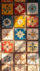 Vibrant Floral Tiles Adorn a Sunny Wall