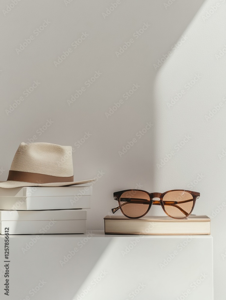 Poster stylish accessories displayed on minimalist shelves with room for text and elegant shadows. generati
