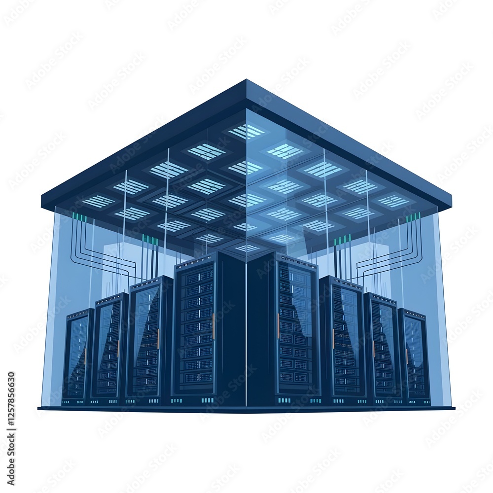 Poster vector illustration of a modern data center with server racks and networking cables – ideal for it, 