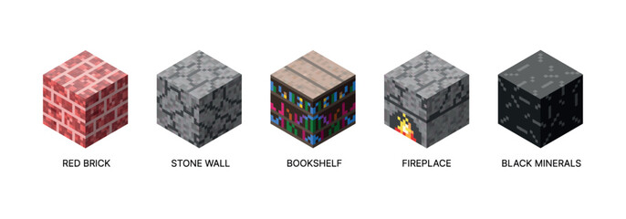 Isometric set of cubic blocks. Pixel style and bright textures are perfect for games, apps and creative projects
