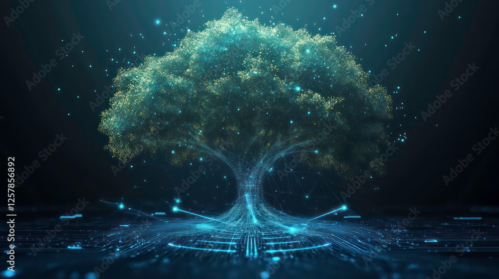 Poster tree data technology on blue dark background. digital circuit board internet connection. vector illu