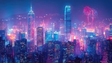 Fototapeta premium Hong kong city vector panorama with colorful festive fireworks. Hong kong building skyscraper illustration