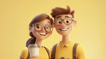 Fototapeta premium Smiling female and male bloggers with happy expressions, drink coffee to go, click selfie photo and look at camera, wear transparent glasses casual t shirts pose over yellow background. Couple has fu